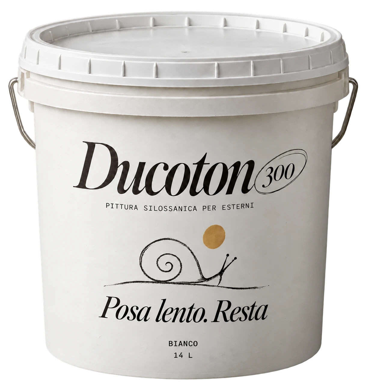 Fusto Ducoton 300, bianco, 14 litri. Sull’etichetta: Posa lento. Resta bianco.